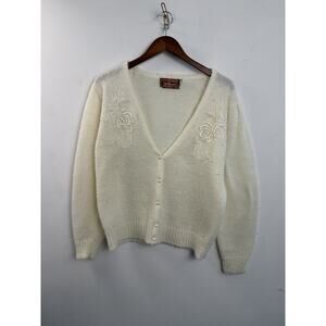 Worthington Sweater Cardigan sz L White Beaded Front Pockets Fuzzy Warm Vintage